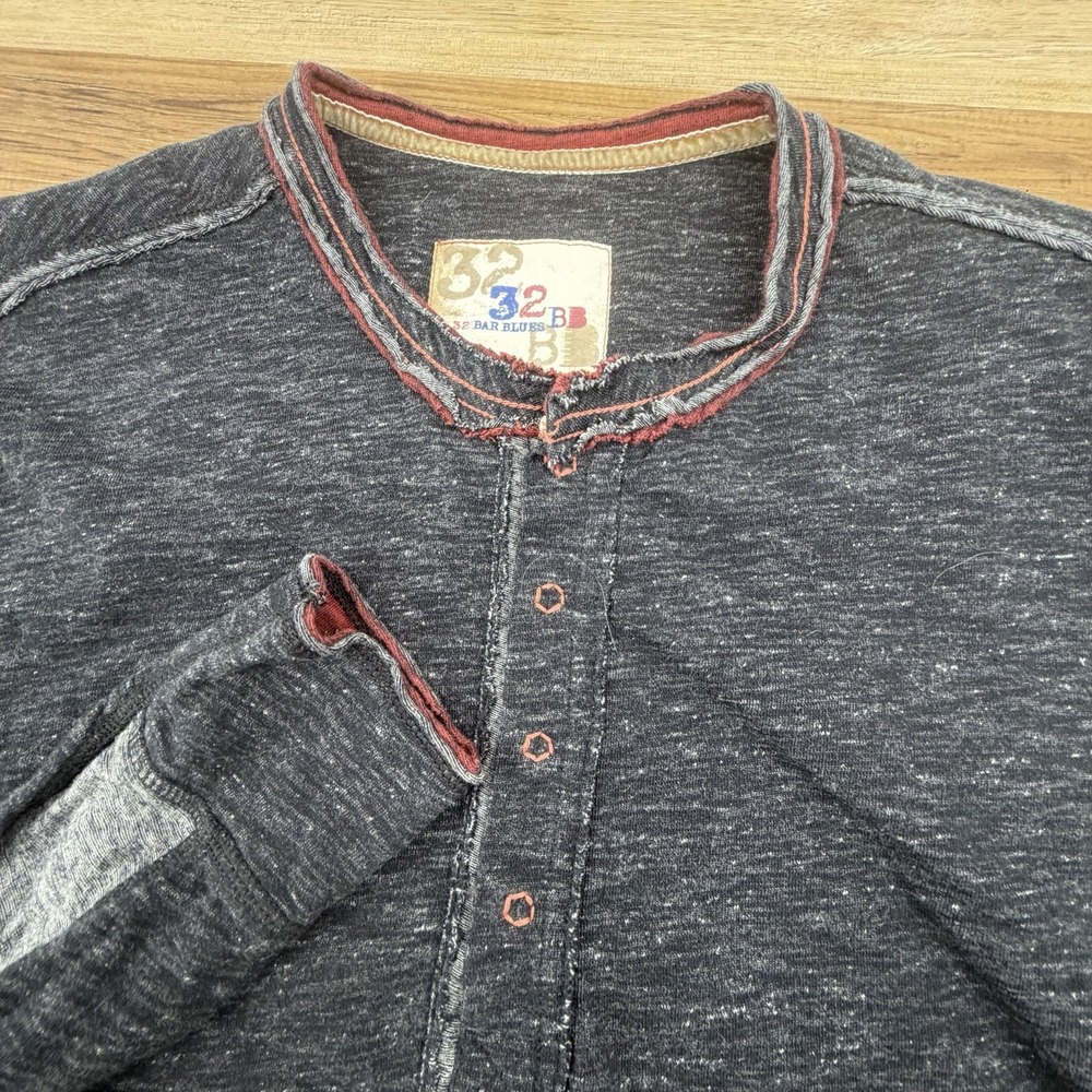 32 Bar Blues Snap Henley Shirt Men XL Heather Gray Elbow Patches Long Sleeve